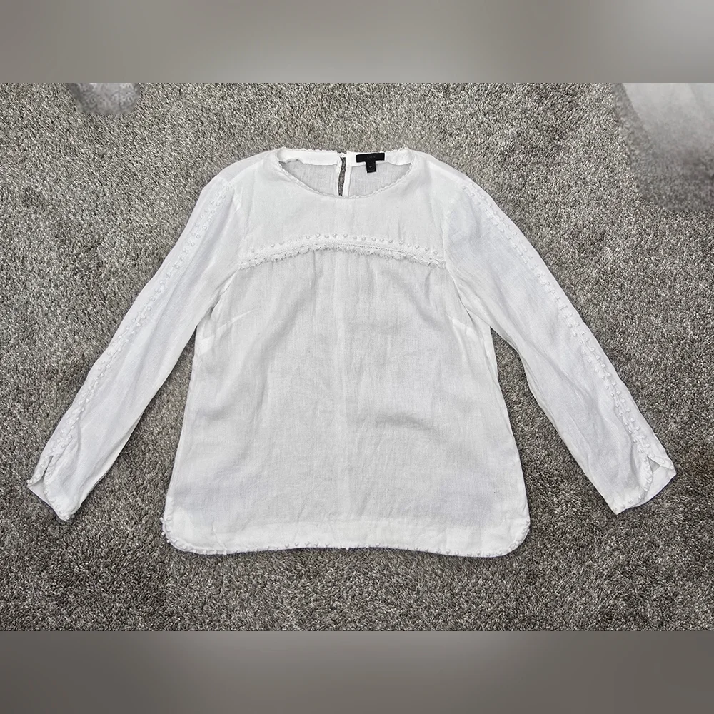 J. Crew White Linen Fringe French Knot Boxy Beachy Long Sleeve Top sz 10